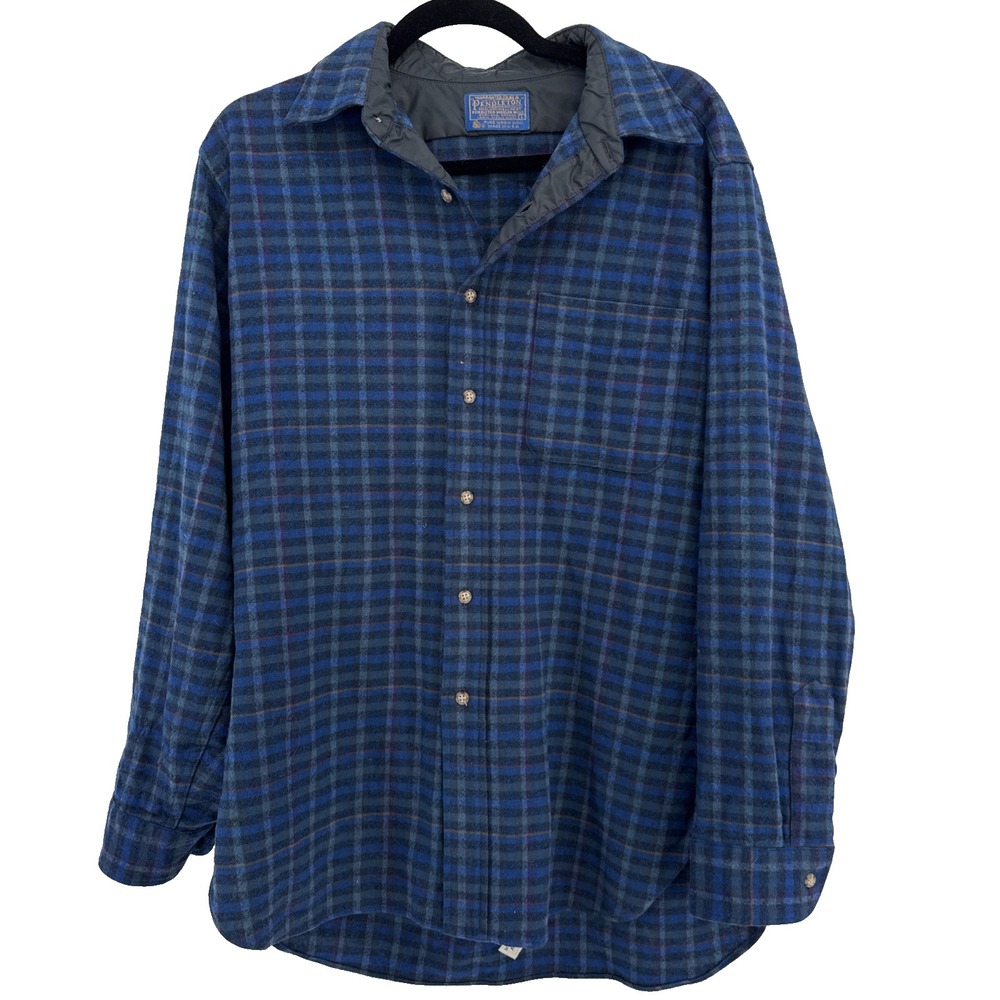 Pendleton Virgin Wool Flannel Shirt Men's Large Blue Plaid Made in USA Vintage